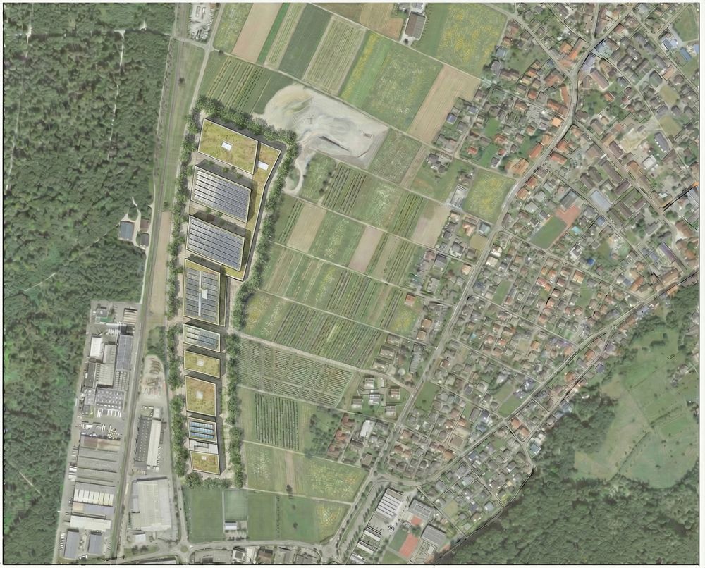 Luftbild-Fotomontage des Perimeters mit möglichen Baufeldern